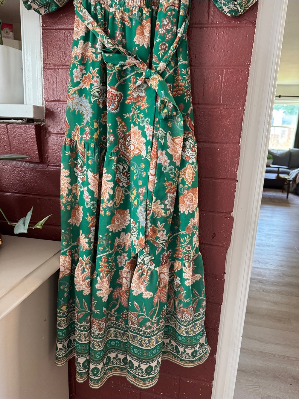 Flying Tomato Patterned Green Puff Sleeve Smocked Floral Boho Midi Dress Size L - Picture 7 of 8